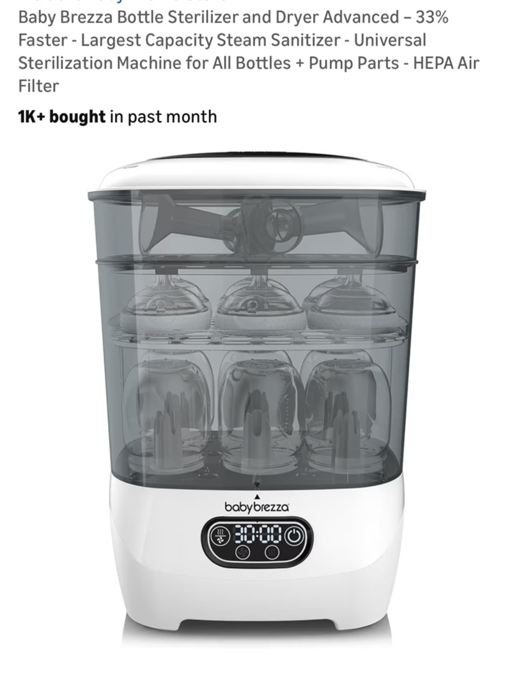 Baby Brezza Advanced Grey Electric Baby Bottle Sterilizer and Dryer - Picture 2 of 2